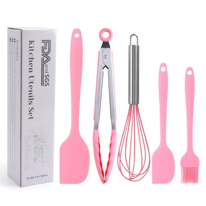 Silicone Cooking Utensils;  5 Piece Kitchen Cooking Set;  Includes Large Spatula;  Small Spatula;  Grease Brush;  Food Clamp;  Whisk