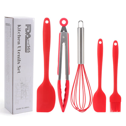 Silicone Cooking Utensils;  5 Piece Kitchen Cooking Set;  Includes Large Spatula;  Small Spatula;  Grease Brush;  Food Clamp;  Whisk