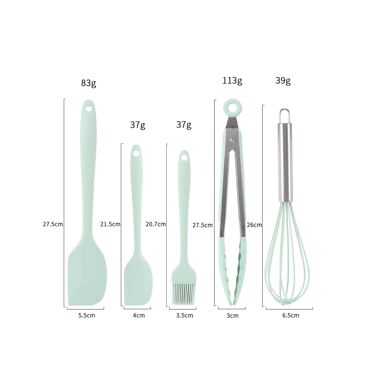 Silicone Cooking Utensils;  5 Piece Kitchen Cooking Set;  Includes Large Spatula;  Small Spatula;  Grease Brush;  Food Clamp;  Whisk