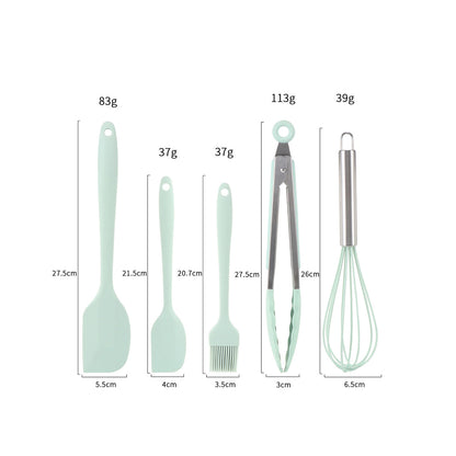 Silicone Cooking Utensils;  5 Piece Kitchen Cooking Set;  Includes Large Spatula;  Small Spatula;  Grease Brush;  Food Clamp;  Whisk