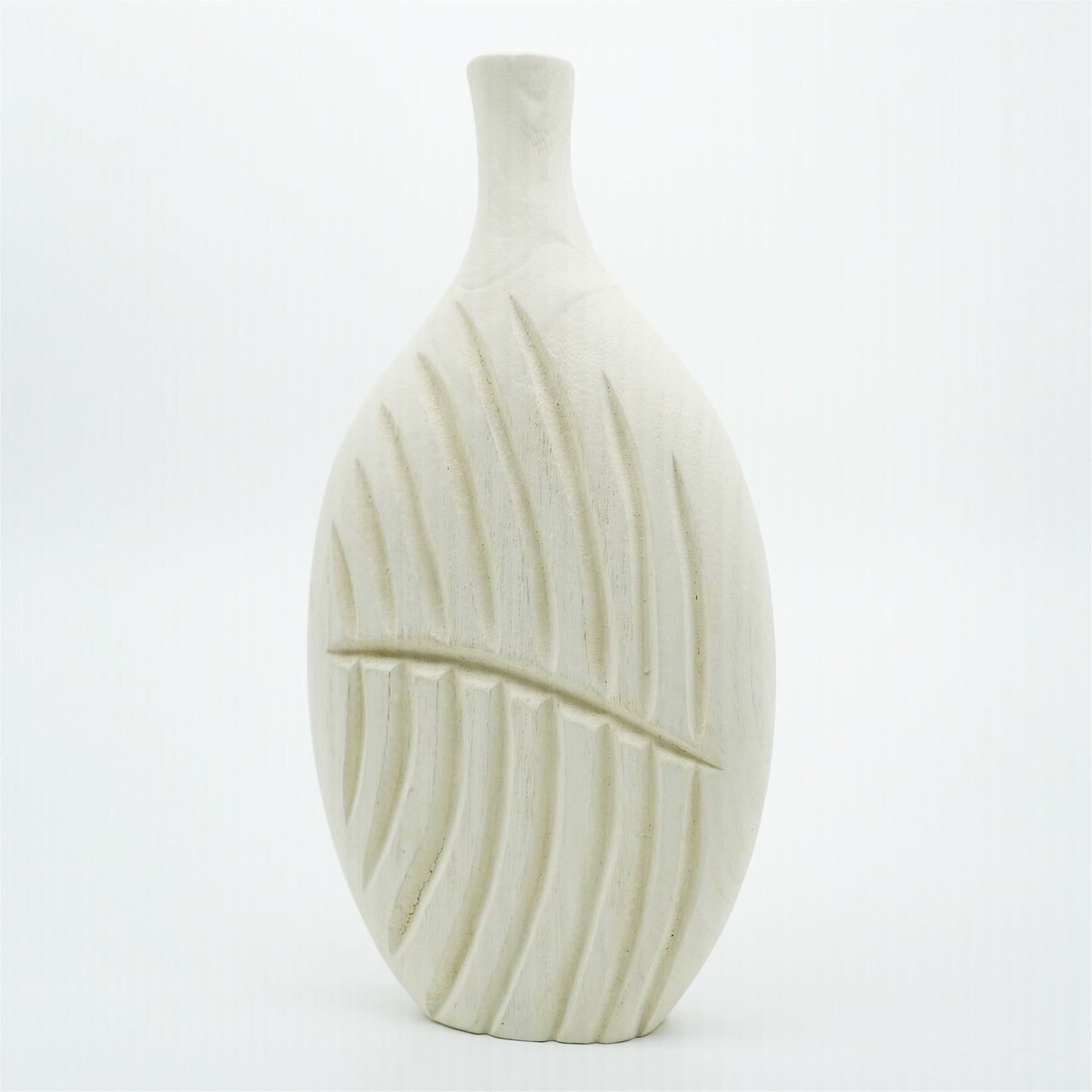 Elegant White Textured Flat Wooden Vase with Leaf Design