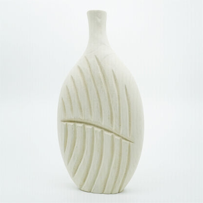 Elegant White Textured Flat Wooden Vase with Leaf Design