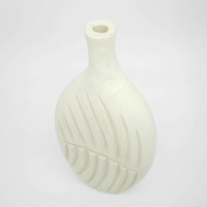 Elegant White Textured Flat Wooden Vase with Leaf Design