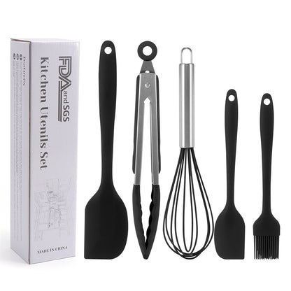 Silicone Cooking Utensils;  5 Piece Kitchen Cooking Set;  Includes Large Spatula;  Small Spatula;  Grease Brush;  Food Clamp;  Whisk